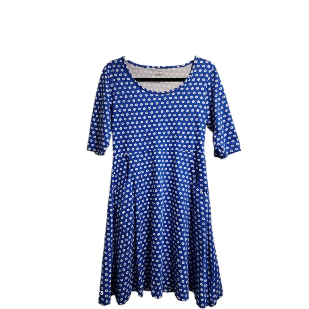 Svaha Blue Symbols Dress Women’s Size 6 Polka Dot Organic Pockets Fit & Flare